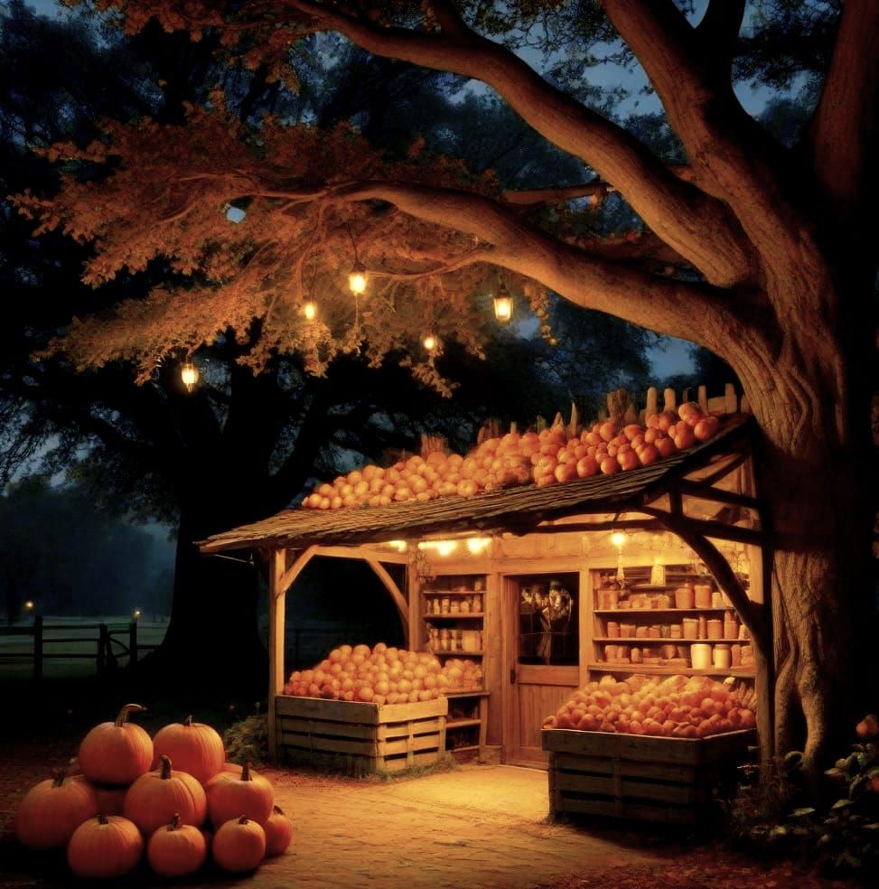 Rustic Farmstand at Dusk, Pencil Sketch Style