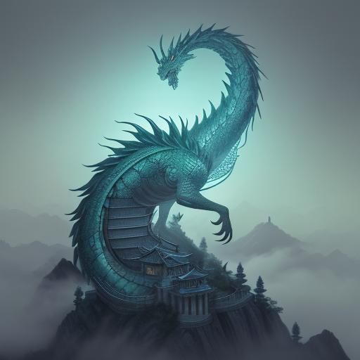 Korean Dragon Coiled Around Ancient Temple in Folk Art Style