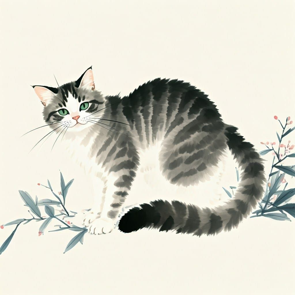 Cat Portrait in Qi Baishi Style Brushwork