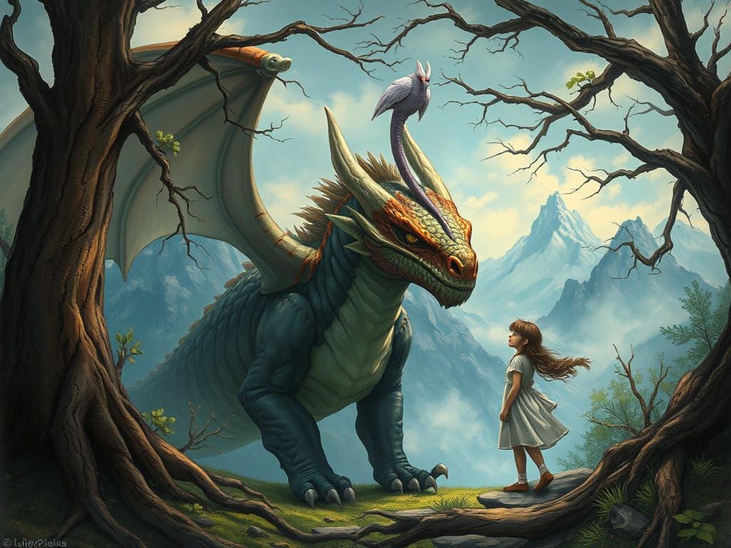 Majestic Dragon and Young Friend in Enchanted Forest Landsca...