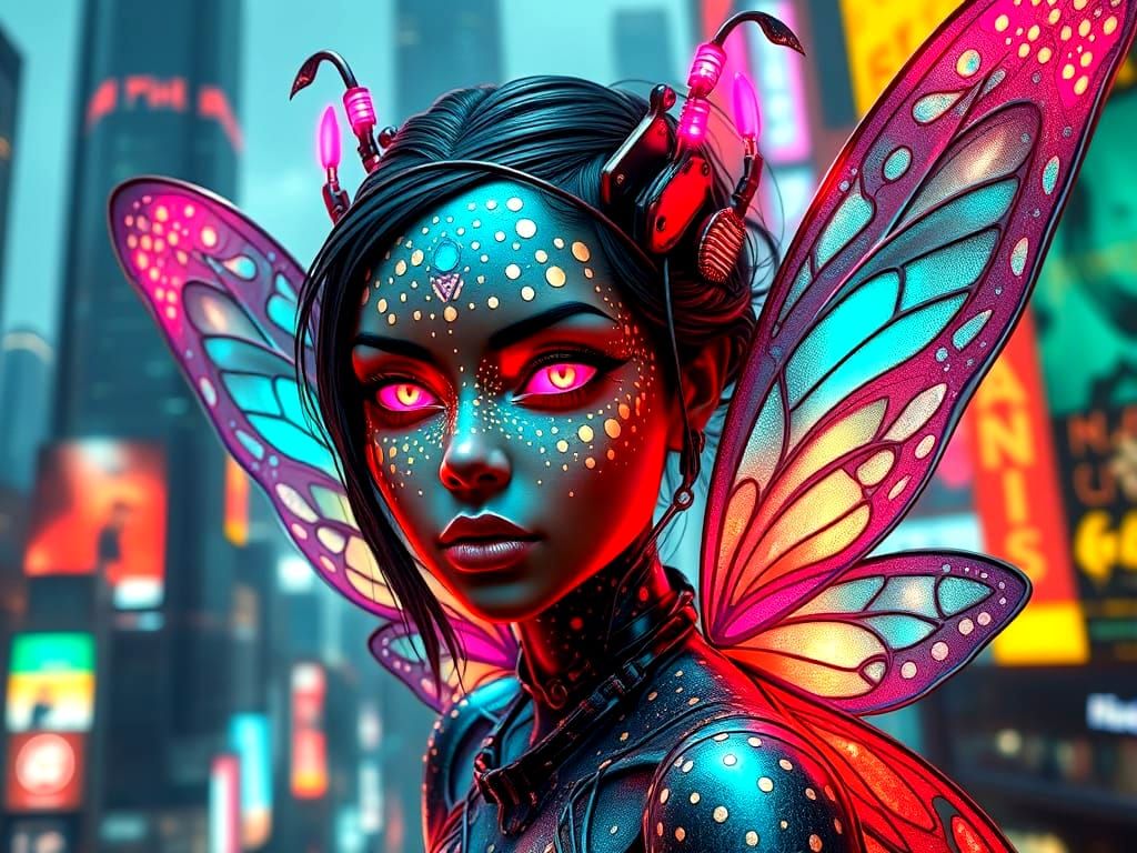 Cyberpunk Fairy with Polka Dots in Metallic Digital Art