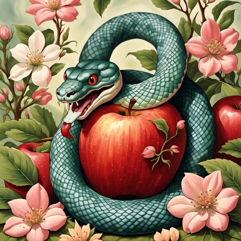 Cartoon Snake Entwined Around Apple with Flowers