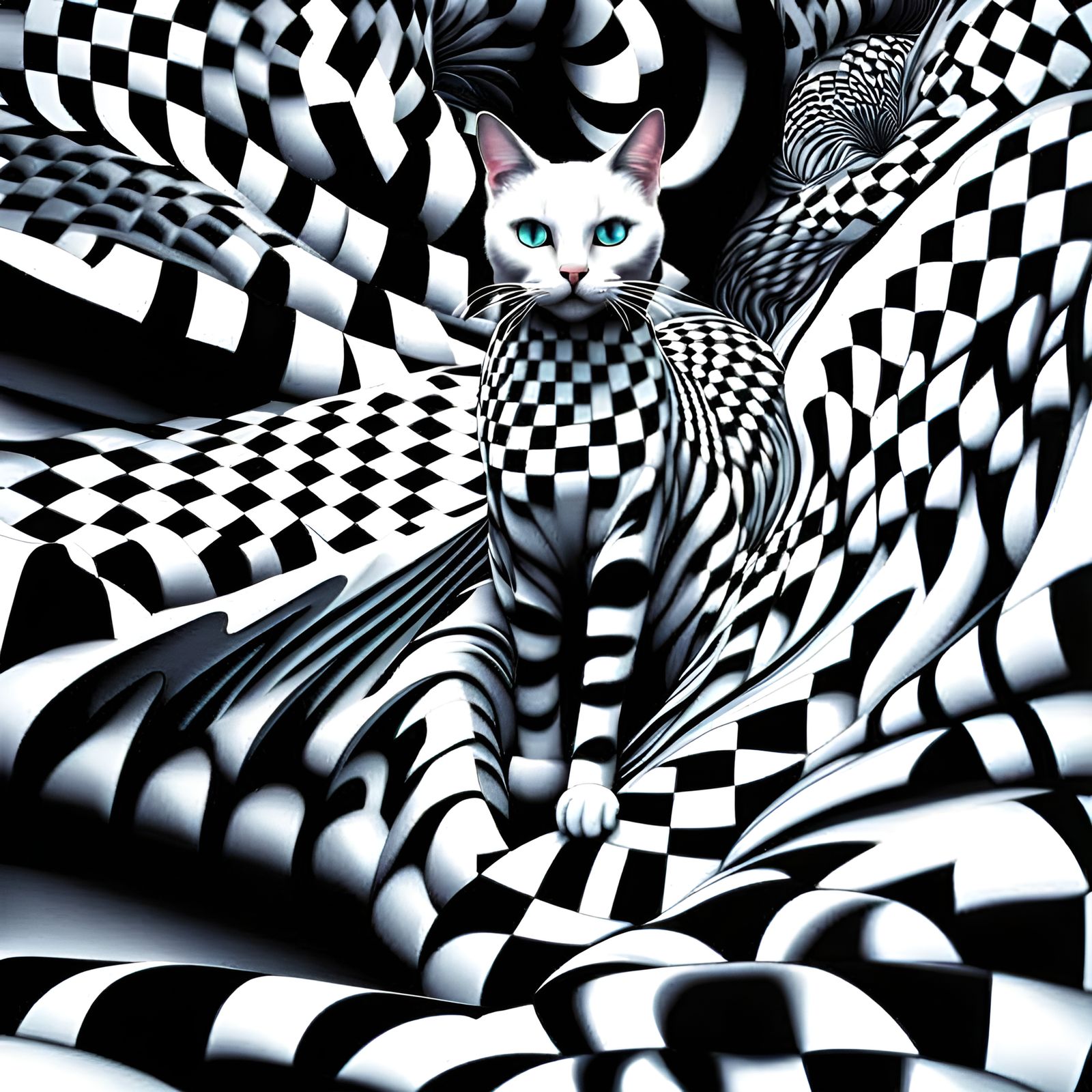 Infinite tunnels dmt fractals checkered Optical illusion cat labyrinth wonderland stairway 3d Maze crazy psycho mad blac...