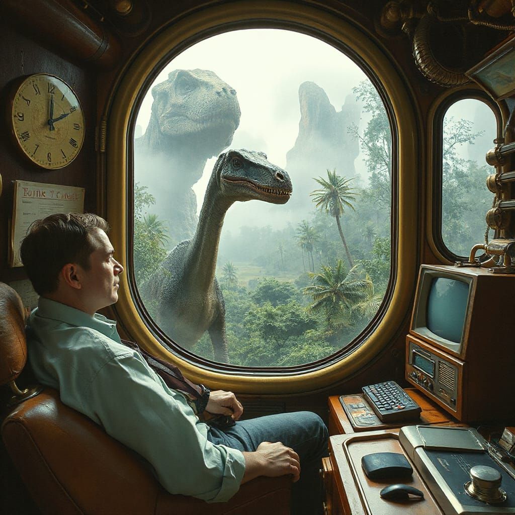 Time Traveler Gazing at Prehistoric Landscape, Retro-Futuris...