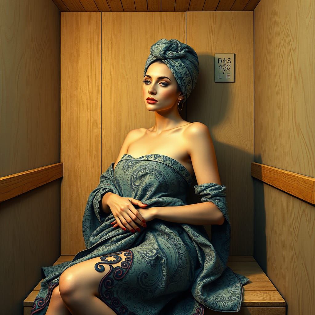 Surreal 4D Woman in Sauna with Twisted Reflections