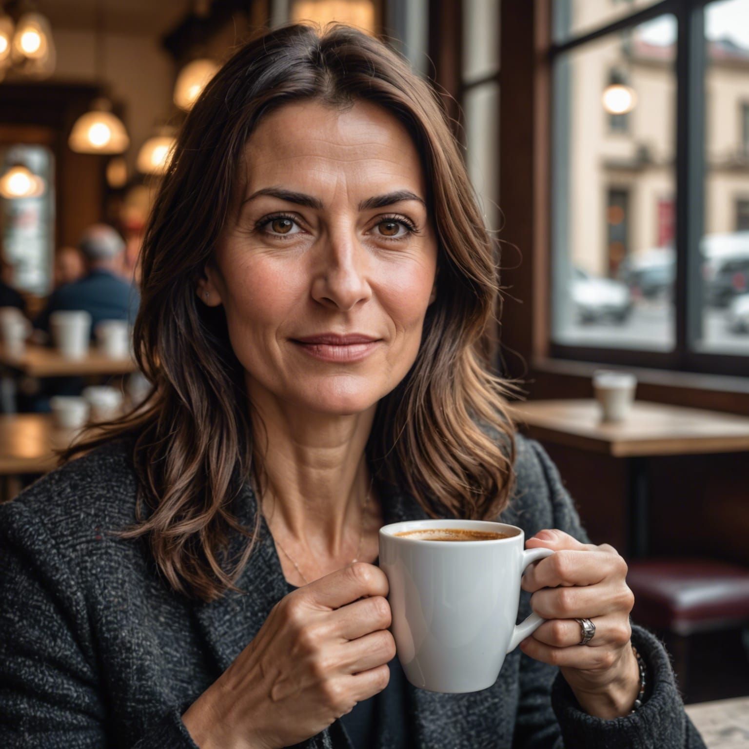 Hyperdetailed Portrait of Balkan Woman Drinking Coffee
