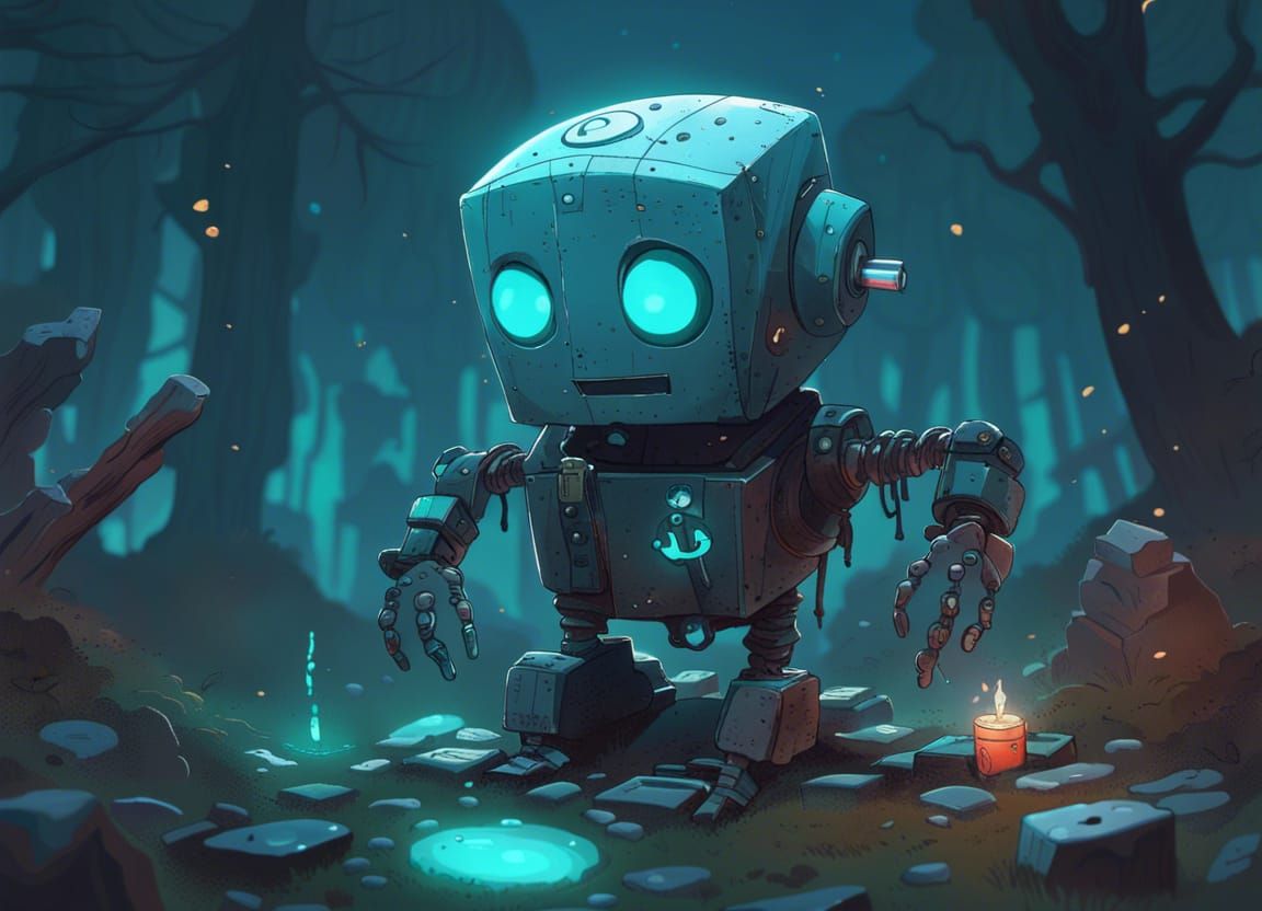 Cute Robot Shaman in Haunted Graveyard, Digital Art