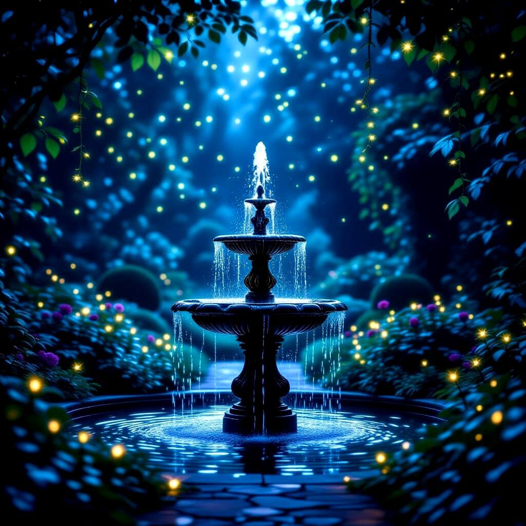 Glowworm-Lit Fountain in Forgotten Garden at Night