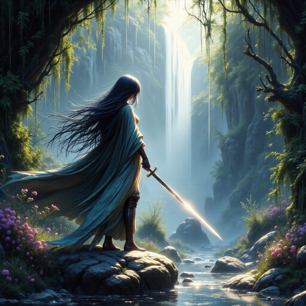 Knight's Sword Pointed at Anime Woman in Misty Waterfall