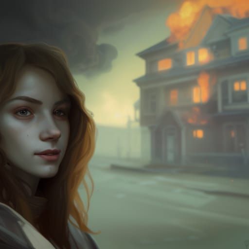 Girl's Portrait with Burning House, Hyperdetailed Digital Ar...