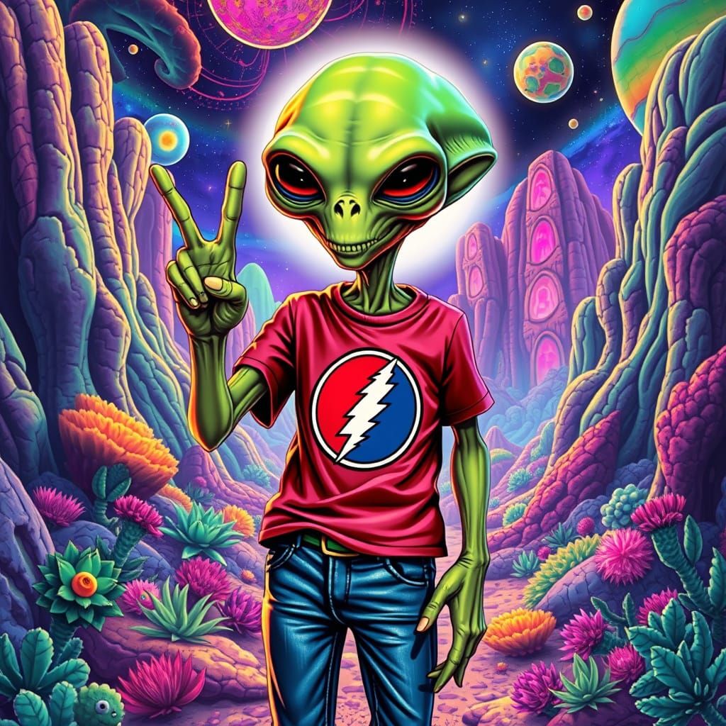 Extraterrestrial Deadhead Peace Sign in Alien Landscape