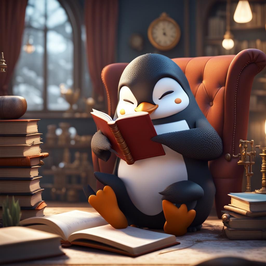 Cute Penguin Reading Book: Detailed Matte Painting