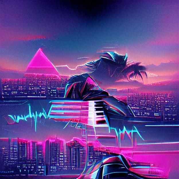 Synthwave Cityscape with Neon Grid