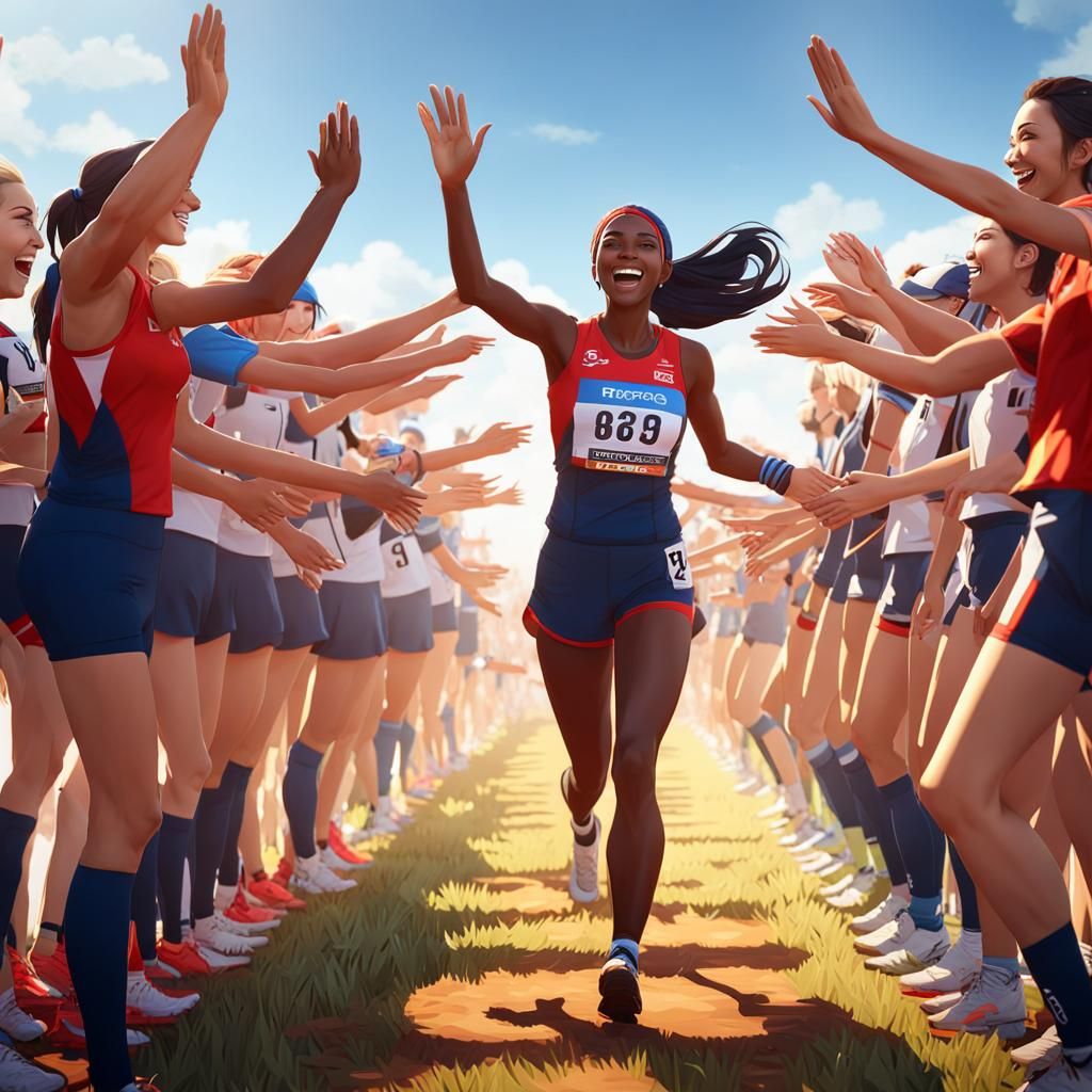 Happy female athlete giving high fives to the supporters standing at the finishing line of a cross country running race.