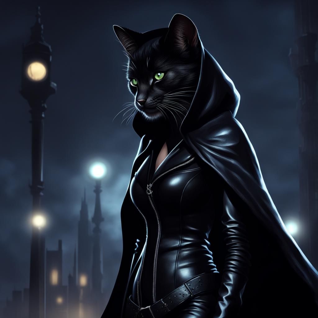 Anthro Black Feline in Leather Cloak at Night