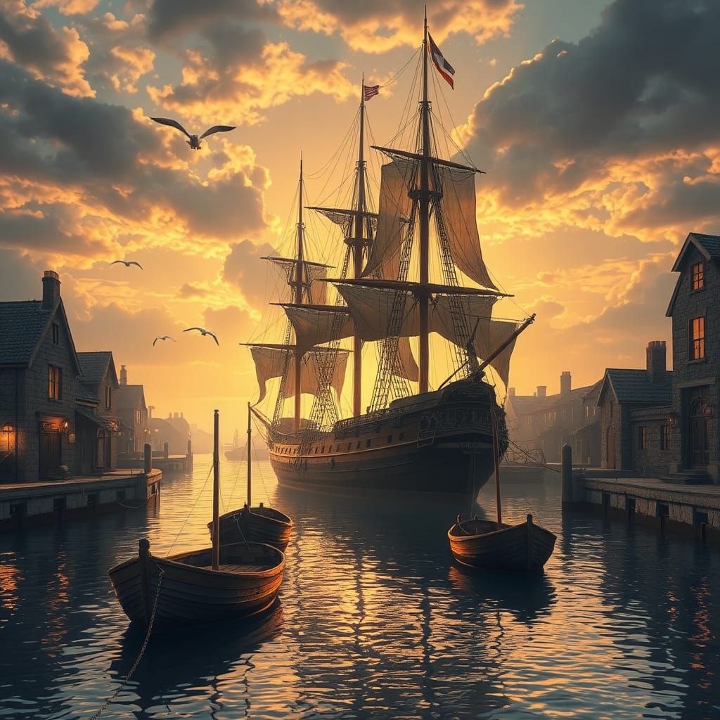 Majestic Sailing Ship in Golden Sunset Harbor