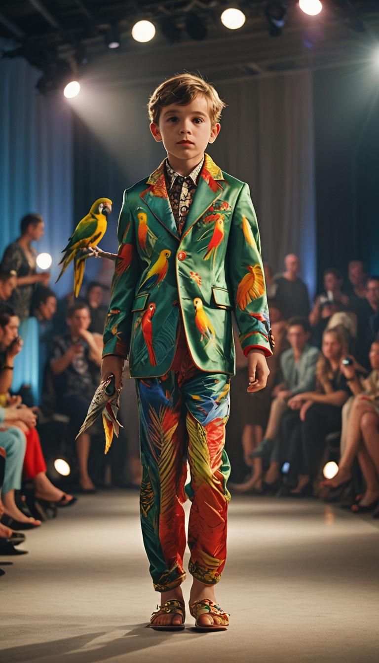 Baby Boy and Parrot on Fashion Catwalk