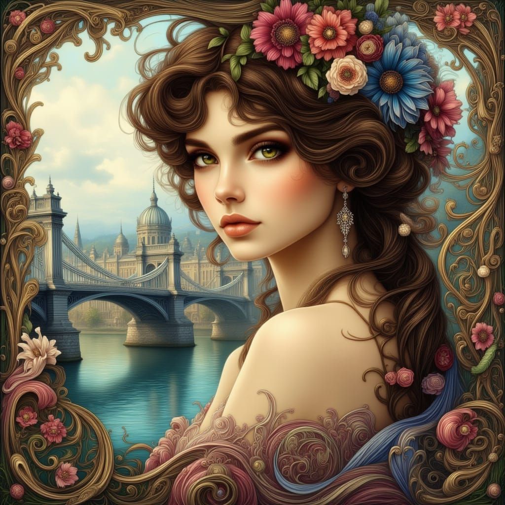 Art Nouveau Budapest Scene with Edwardian Woman