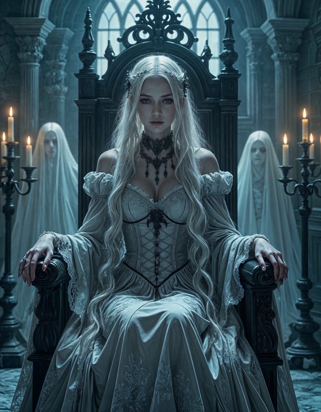 Ethereal Gothic Woman in Decaying Throne Room