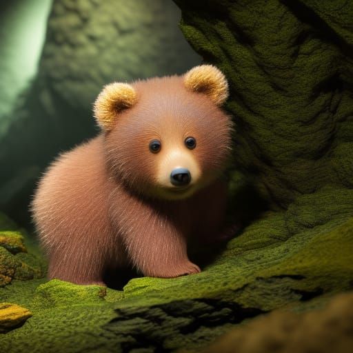 Cute Chibi Bear Cub in Cave, Detailed Render