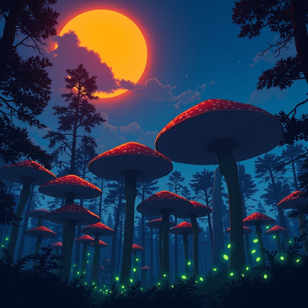 Majestic Mushroom Forest at Sunset in Anime Style