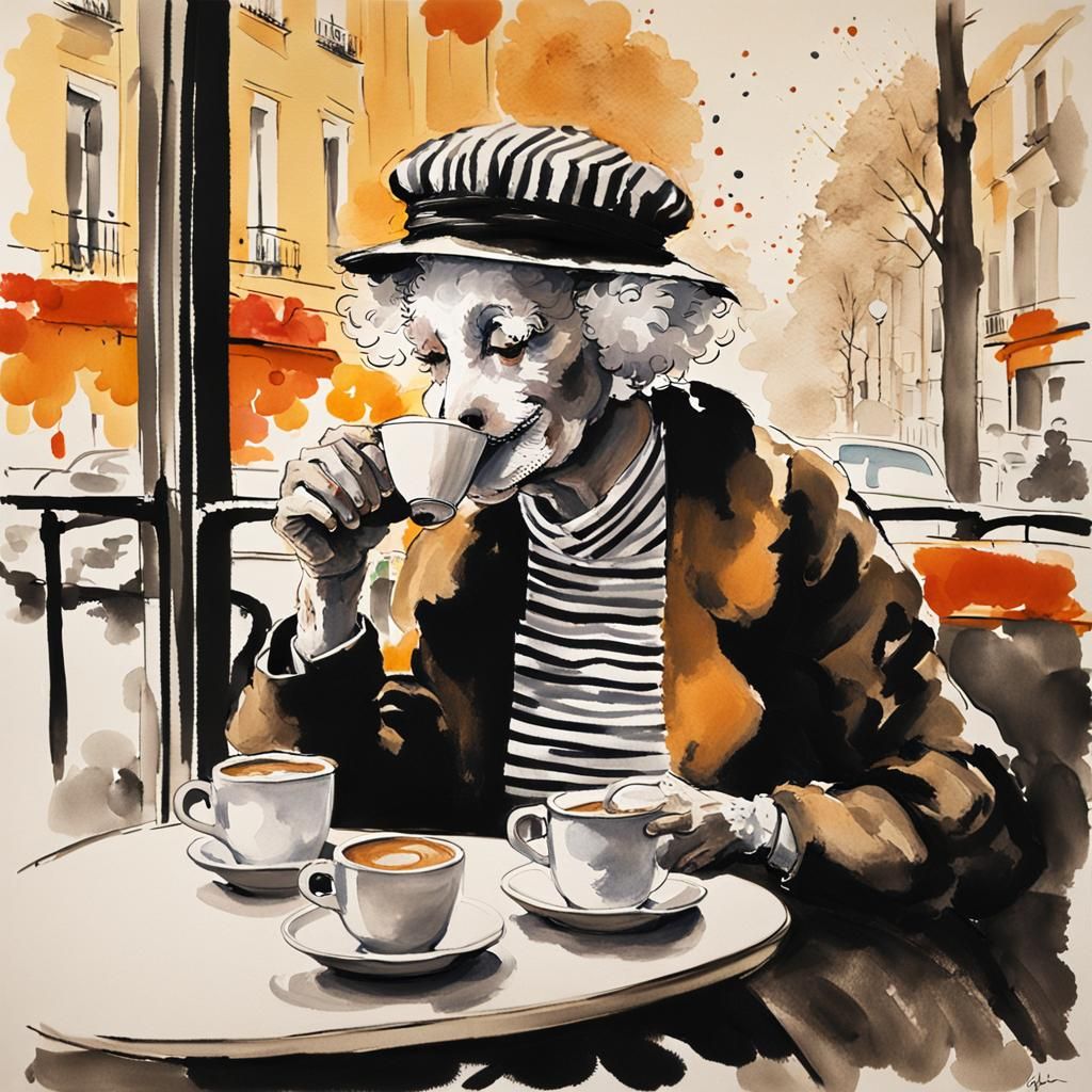 Parisian Woman with Poodle in Ink and Wash