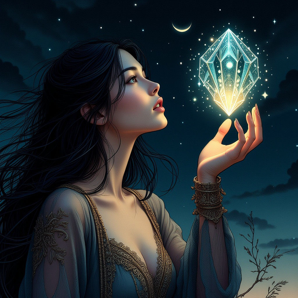 Ethereal Woman Touches Luminous Gemstone: Digital Portrait