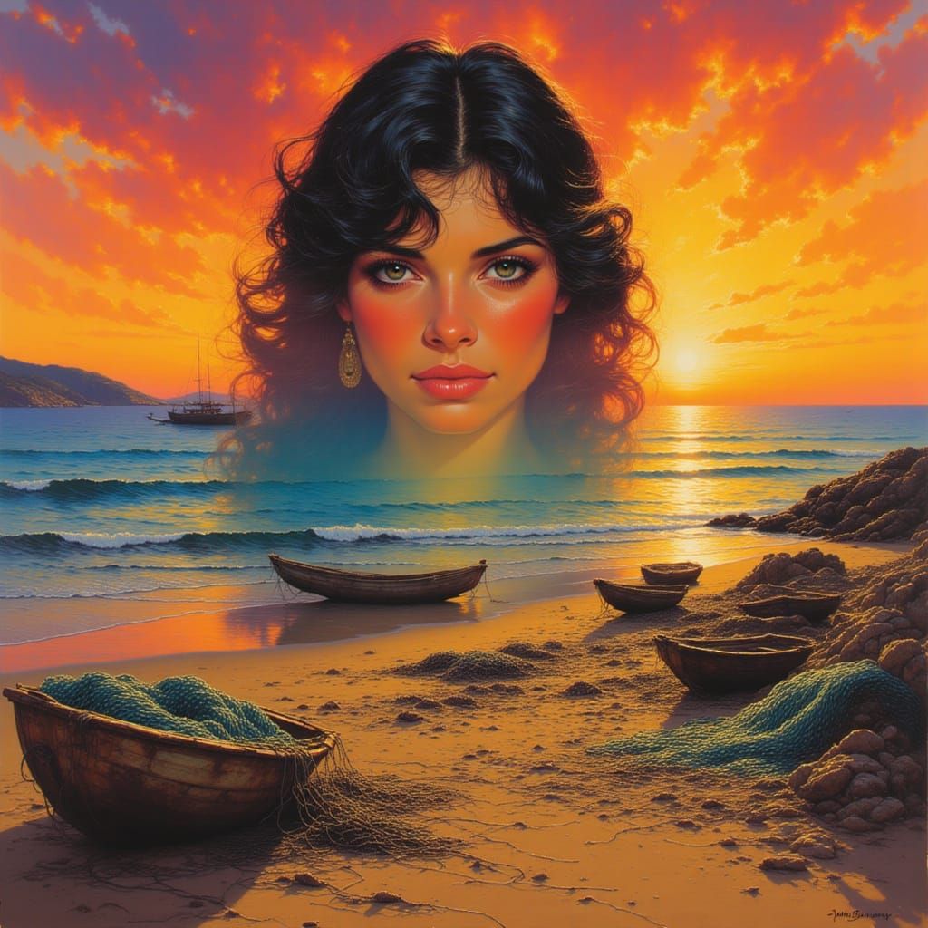 <lora:Widow of the Waves:1.0>A detailed and intricate 1970s pop art oil painting by James Gurney, featuring a double-exp...