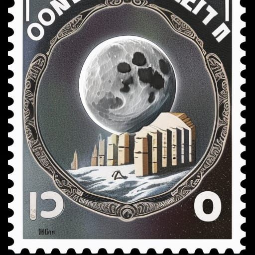 Futuristic Moon City on Vintage Postage Stamp