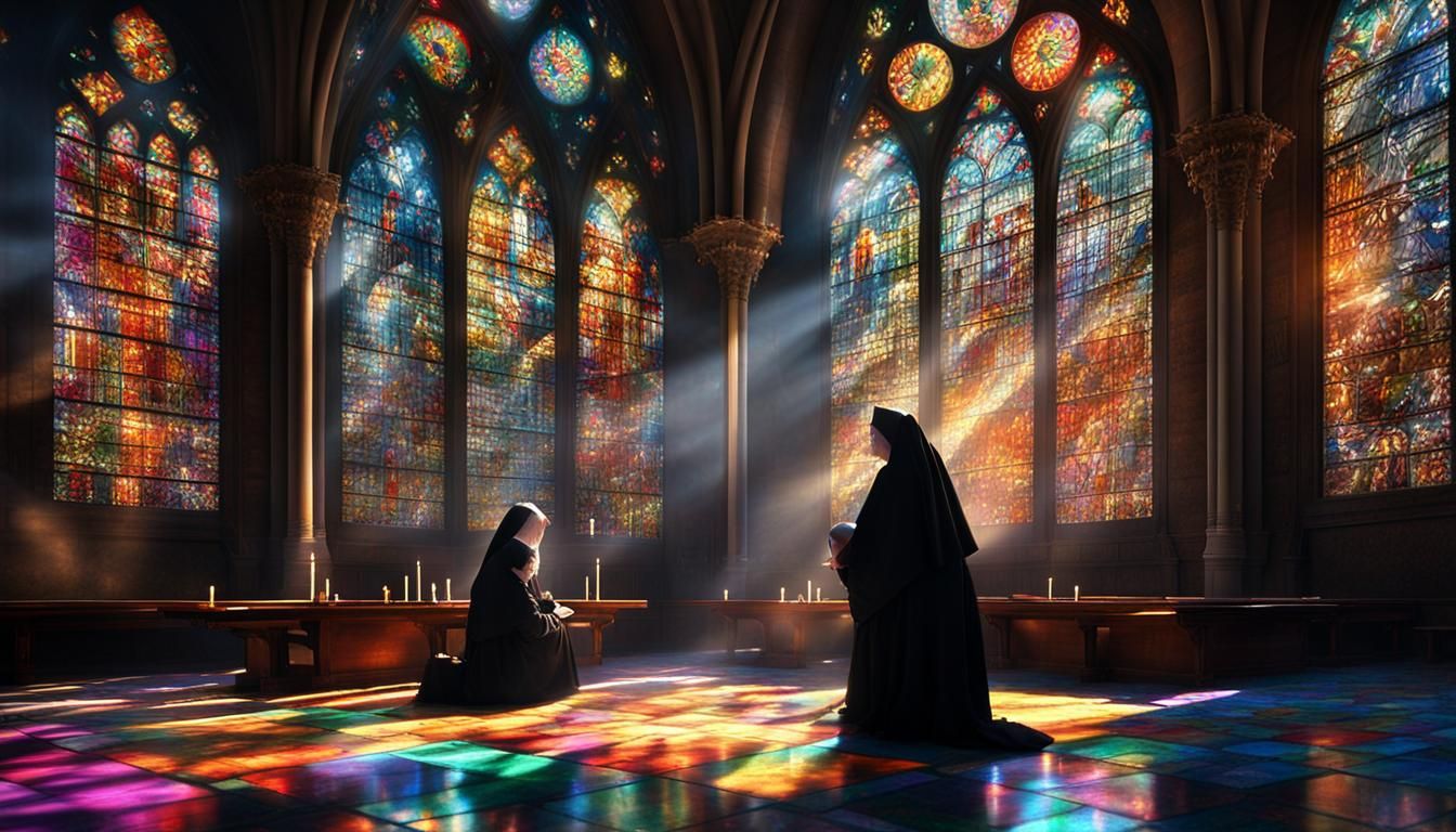 Nuns Praying in Gothic Church with Stained Glass