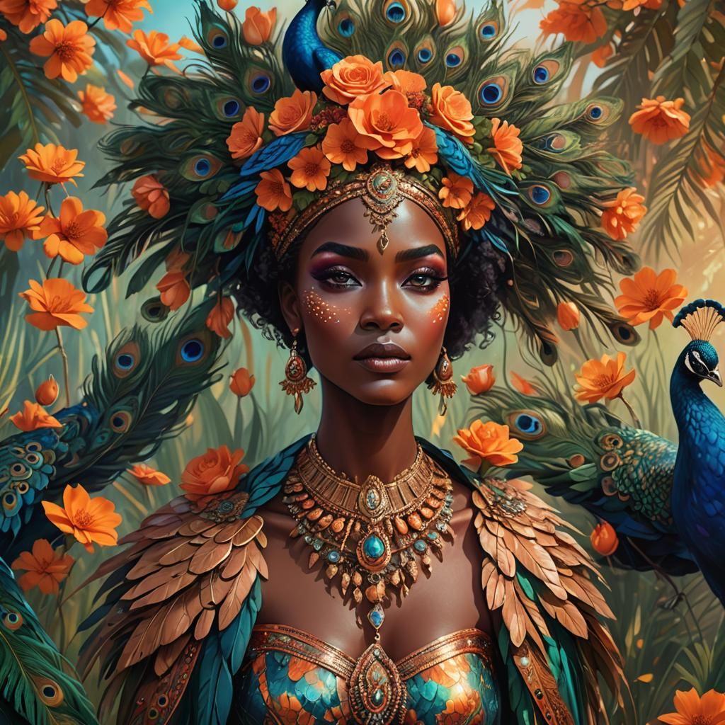 Rose Gold African Woman with Peacock Feathers