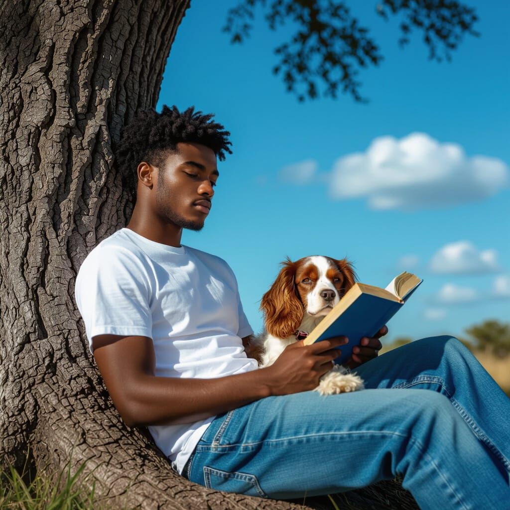 Young Man Reading with Dog in Hyperrealistic Style