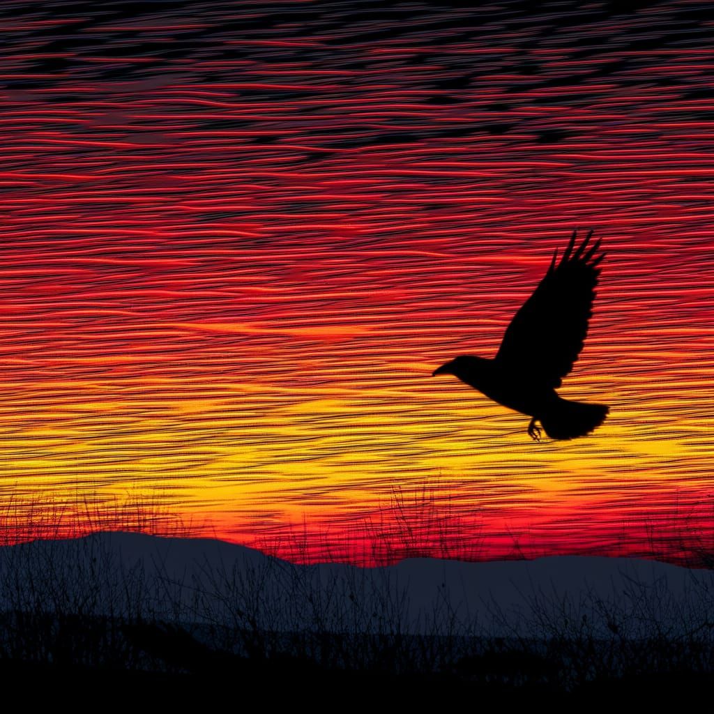 Raven Silhouetted in Striped Sunset