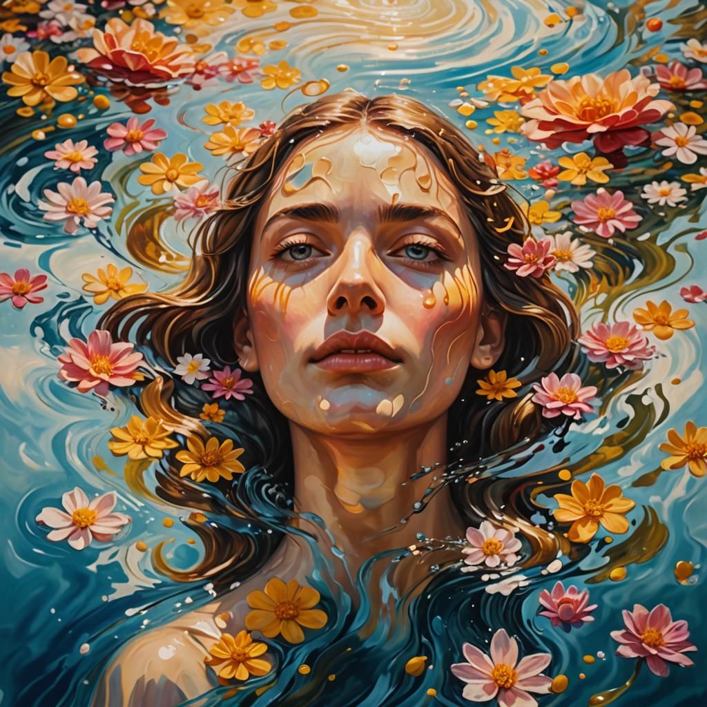 Ethereal Face Surrounded by Flowers: Surrealist Oil Painting