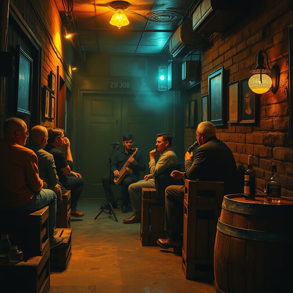 Nostalgic Speakeasy Scene in Realist Style