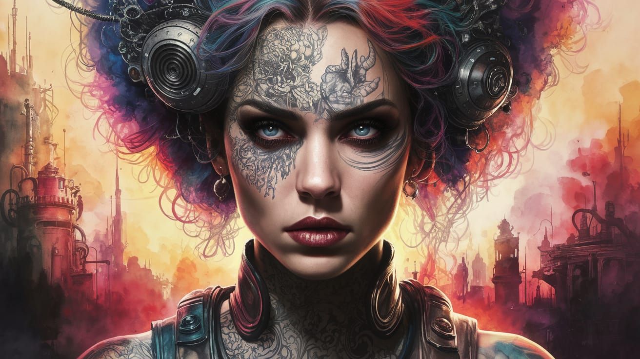 Gothic Metal Rocker Goddess in Cyberpunk Fantasy Landscape