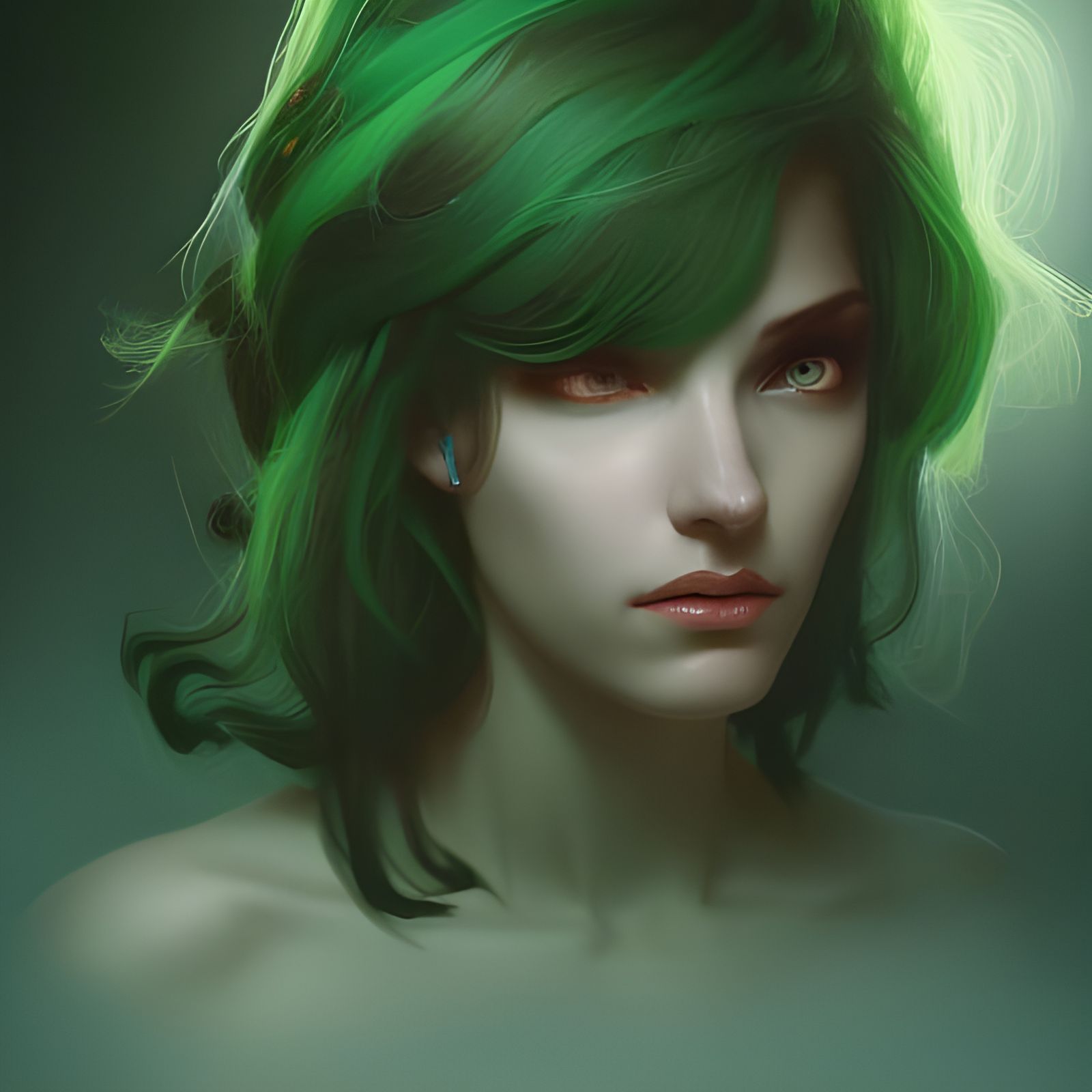 Androgynous Green-Haired Character Portrait in Foggy Forest
