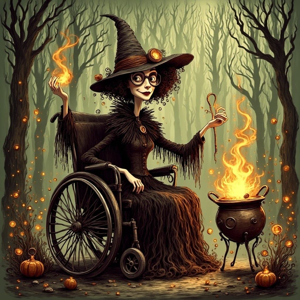A beautiful brunette witch with glasses sitting in a wheelch...