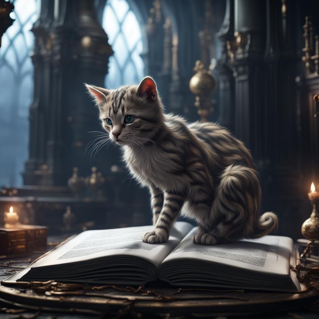 Little Cat on Silver Book, Detailed Digital Painting