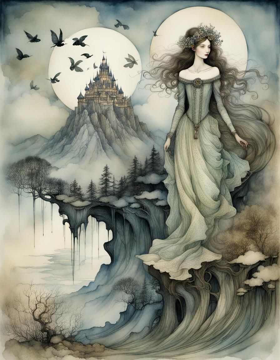 Delicate Watercolour Princess on Mount Olympus