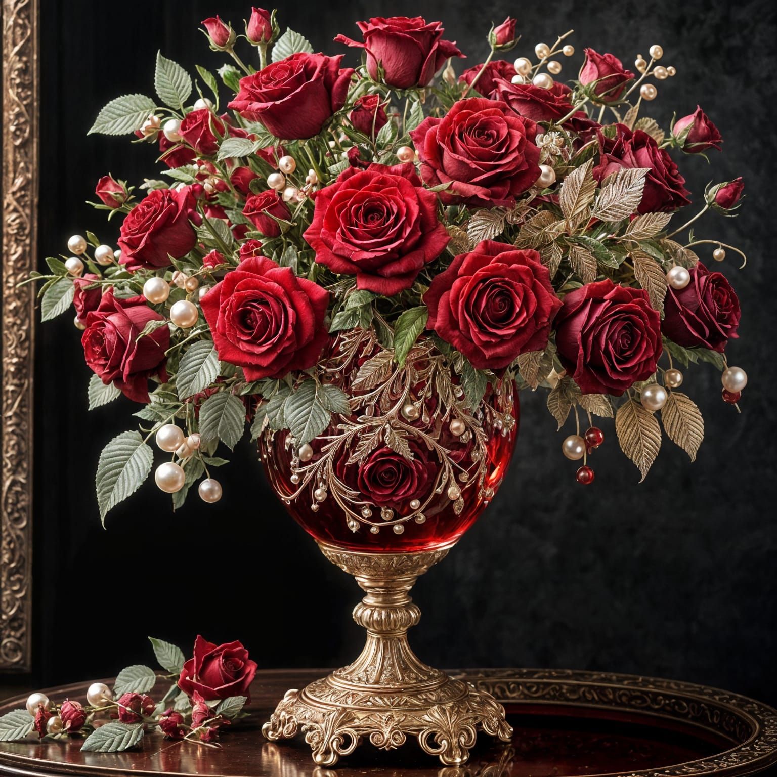 Ornate Red Vase with Red Roses