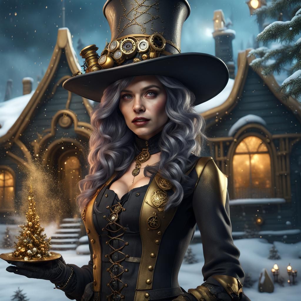 Steampunk Witch with Christmas Tree, Digital Art