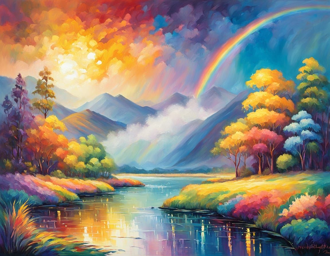 Rainbow Landscape in Fauvist Oil Painting Style