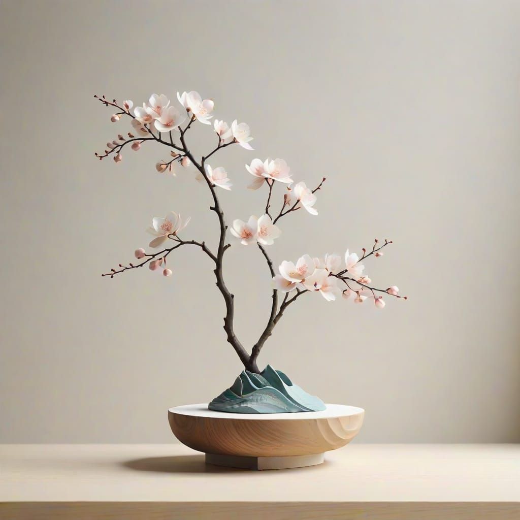 Minimalist Abstract Wave Sculpture with Ikebana