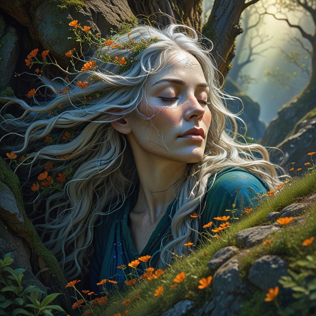 Serene Wise Woman in Whimsical Celtic Landscape