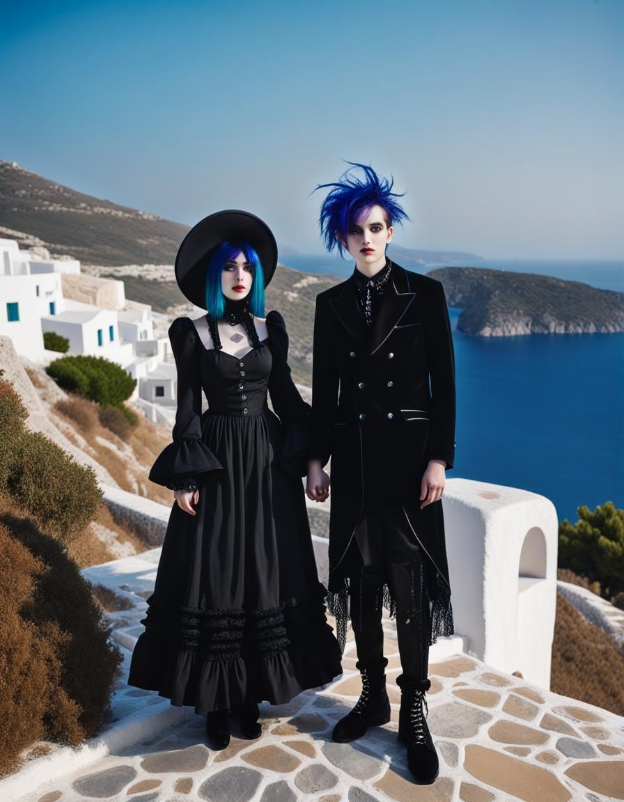 Gothic Couple Posing on Aegean Coast, Glitchcore Style