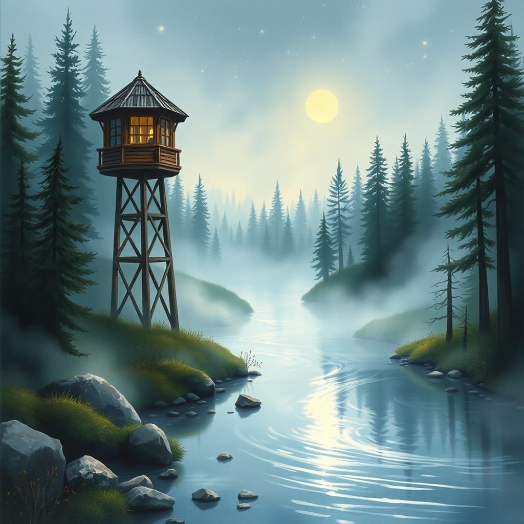 Moonlit Forest Watchtower in Dreamy Watercolors
