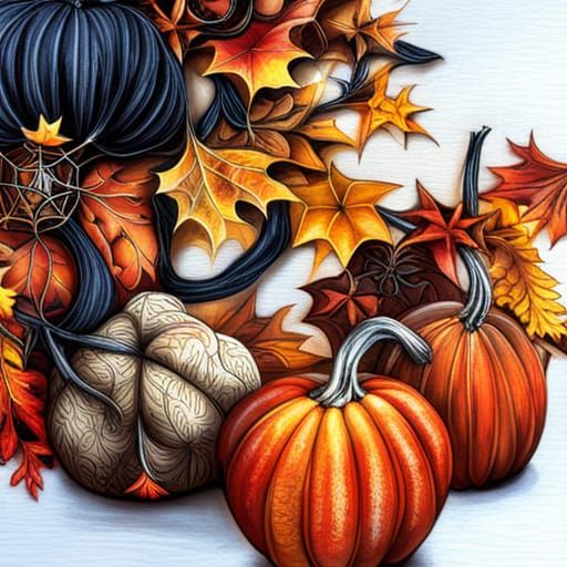 style Halloween, autumn, pumpkins, leaves, golden red yellow brown orange autumn fall leaves chaotic autumn landscape tw...