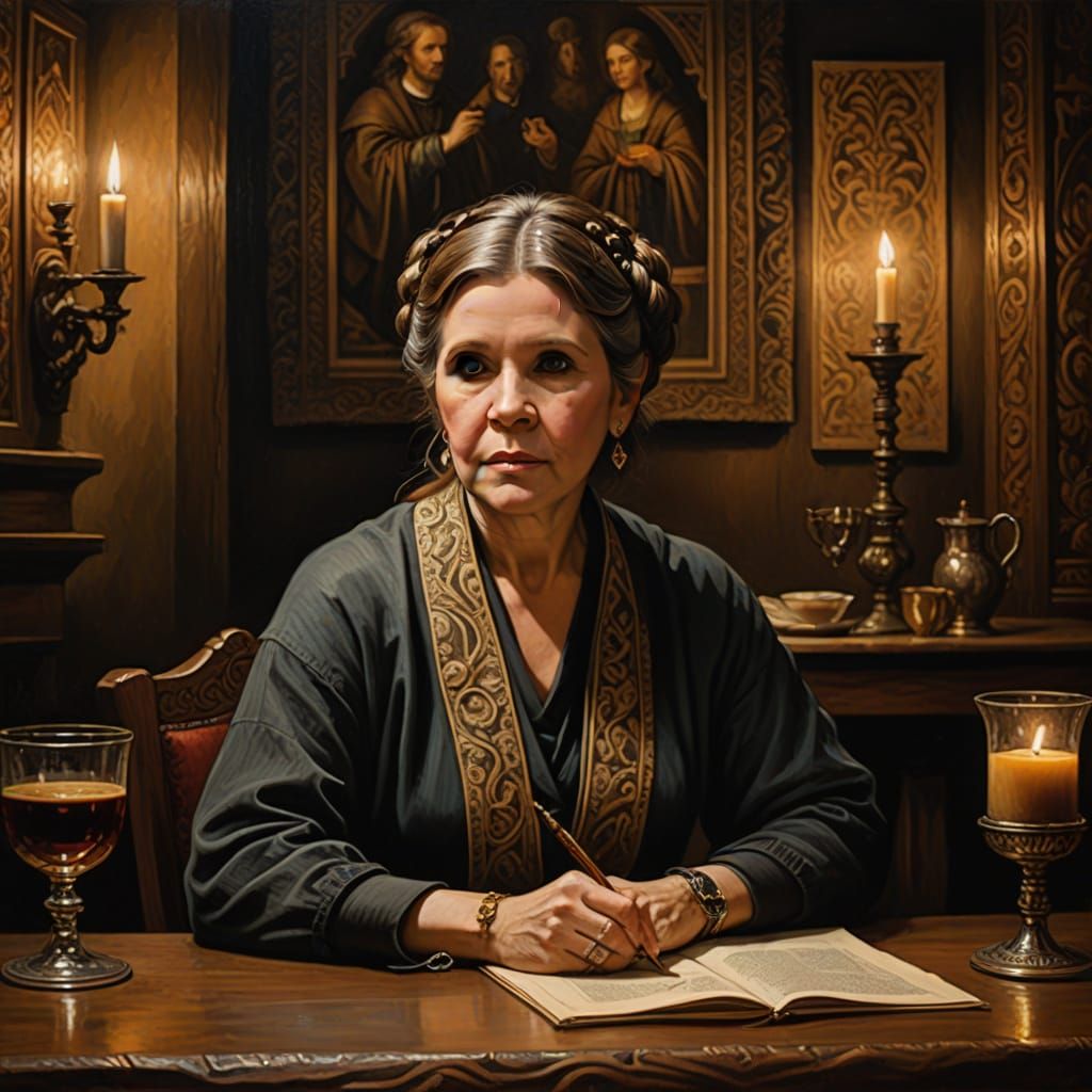 Baroque Princess Leia Seeks Wisdom in a Medieval Coffee Shop