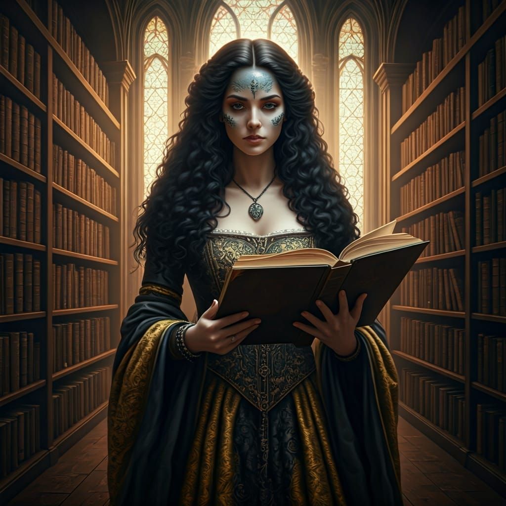 Medieval Woman in Library, Art Nouveau Style